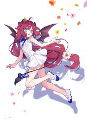 1girl absurdres ahoge bare_legs bare_shoulders breasts chiyomaru_(yumichiyo0606) commentary crown demon demon_girl demon_horns demon_tail dress flower green_eyes heterochromia highres horns long_hair low-tied_long_hair mini_crown nijisanji petals pink_flower red_eyes red_flower red_hair shoes simple_background small_breasts solo symbol-only_commentary tail very_long_hair virtual_youtuber white_background white_dress white_shoes yellow_flower yuzuki_roa yuzuki_roa_(3rd_costume)