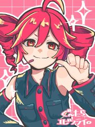 black_sleeve_cuffs detached_sleeves double-parted_bangs drill_hair gu_taraebifly highres kasane_teto looking_at_viewer red_eyes red_hair red_trim shirt sleeveless sleeveless_shirt twin_drills utau