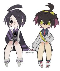 Rule 34 | 2boys, allister (pokemon), black hair, blue shirt, chibi, closed mouth, collared shirt, creatures (company), crossed bangs, game freak, hair over one eye, hairband, jacket, kieran (pokemon), long sleeves, male focus, mole, mole on neck, mole under mouth, multicolored hair, multiple boys, nintendo, parted lips, pokemon, pokemon sv, pokemon swsh, purple hair, shirt, shoes, shorts, simple background, sitting, sleeves past wrists, torori toro (oimo kenpi), twitter username, white background, yellow eyes, yellow hairband