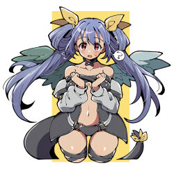 1girl ? angel_wings bare_shoulders belt black_choker black_panties black_thighhighs blue_hair breasts center_opening choker collarbone detached_sleeves dizzy_(guilty_gear) guilty_gear guilty_gear_x guilty_gear_xx hair_between_eyes hair_ribbon hair_rings itsuka_neru long_hair long_sleeves looking_at_viewer medium_breasts monster_girl navel open_mouth panties puffy_long_sleeves puffy_sleeves red_eyes ribbon solo tail tail_ornament tail_ribbon thigh_gap thighhighs thighs twintails underboob underwear wings yellow_ribbon