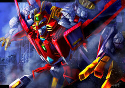 absurdres dynazenon_(character) eye_trail gridman_universe highres letterboxed light_trail mecha no_humans robot signature ssss.dynazenon steam super_robot tetsuya_tsuji wheel