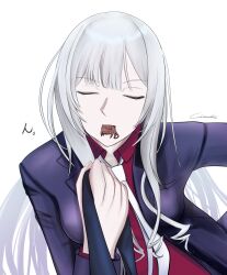 1girl absurdres ak-12_(girls&#039;_frontline) ak-12_(lucia)_(girls&#039;_frontline) artist_name black_jacket black_necktie breasts business_suit closed_eyes closed_mouth commentary_request formal_clothes gincho girls&#039;_frontline highres holding_necktie jacket long_hair long_sleeves looking_at_viewer mouth_hold necktie official_alternate_costume open_clothes open_jacket red_shirt shirt sidelocks simple_background solo suit upper_body white_background white_hair white_necktie