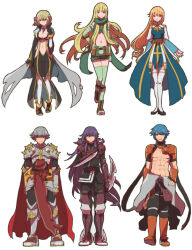 3boys 3girls arch_bishop_(ragnarok_online) arm_blade armor armored_boots bad_id belt black_bodysuit black_gloves black_pants black_shoes blonde_hair blue_dress blue_hair bodysuit boots breastplate breasts brown_belt brown_boots cape cecil_damon cleavage cleavage_cutout closed_mouth clothing_cutout coat commentary_request crop_top cross cross_of_prontera dress eremes_guile expressionless fingerless_gloves flat_chest frilled_thighhighs frills front_slit full_body gauntlets gloves green_gloves green_scarf green_shorts green_thighhighs green_tube_top grey_coat grey_hair grey_jumpsuit guillotine_cross_(ragnarok_online) hair_ribbon howard_alt-eisen juliet_sleeves jumpsuit jumpsuit_around_waist kathryne_keyron lala_(sputnik) large_breasts leg_armor long_hair long_sleeves looking_at_viewer margaretha_sorin mechanic_(ragnarok_online) medium_breasts midriff multiple_boys multiple_girls navel open_clothes open_coat open_mouth pants pauldrons puffy_sleeves purple_hair ragnarok_online ranger_(ragnarok_online) red_armor red_cape red_ribbon red_tabard ribbon rune_knight_(ragnarok_online) sash scarf seyren_windsor shoes short_hair shorts shoulder_armor shrug_(clothing) simple_background smile spiked_pauldrons standing strapless suspenders tabard thighhighs tube_top two-tone_dress vambraces warlock_(ragnarok_online) weapon white_background white_dress white_thighhighs yellow_sash