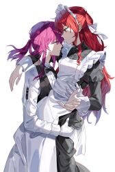 2girls absurdres alternate_costume apron black_bow black_bowtie black_dress black_vest bow bowtie breasts carrying carrying_person closed_mouth commentary dress enmaided eye_contact gloves hair_ribbon hashtag-only_commentary highres himeko_(honkai:_star_rail) honkai:_star_rail honkai_(series) kafka_(honkai:_star_rail) long_hair long_sleeves looking_at_another maid maid_headdress maka_(maka04021) multiple_girls orange_eyes ponytail purple_eyes purple_hair red_hair ribbon shirt simple_background small_breasts smile sweatdrop vest white_background white_gloves white_ribbon white_shirt white_wrist_cuffs wrist_cuffs