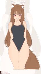 1girl absurdres animal_ear_fluff animal_ears arms_behind_back bare_shoulders black_one-piece_swimsuit blush breasts brown_hair commentary competition_swimsuit cropped_legs english_commentary gluteal_fold grin highleg highleg_one-piece_swimsuit highres holo likunea long_hair looking_at_viewer medium_breasts one-piece_swimsuit patreon_logo patreon_username red_eyes smile spice_and_wolf swimsuit tail twitter_username twitter_x_logo very_long_hair wolf_ears wolf_girl wolf_tail zoom_layer