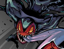 Rule 34 | black cape, black skin, blurry, blurry foreground, cape, colored skin, debris, demon boy, digimon, digimon (creature), donedevimon, grey background, highres, long tongue, ridgeone, sharp teeth, simple background, solo, teeth, tongue, tongue out, yellow eyes