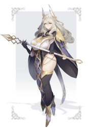1girl ankle_boots baketsu black_gloves black_thighhighs boots breasts fingerless_gloves framed_breasts full_body gloves gold_trim grey_hair hair_between_eyes highres holding holding_staff huge_breasts looking_at_viewer original pelvic_curtain pointy_ears solo staff thighhighs white_boots yellow_eyes