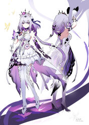 1girl absurdres asymmetrical_gloves black_tiara blonde_hair breasts butterfly_ornament castorice_(honkai:_star_rail) commentary_request dragon dress elbow_gloves flower flower_ornament gloves hair_flower hair_ornament highres honkai:_star_rail honkai_(series) kkkula_(kula) looking_at_viewer medium_breasts multiple_views netherwing_(honkai:_star_rail) pantyhose pointy_ears purple_gloves purple_hair simple_background tiara uneven_gloves white_background white_dress white_pantyhose