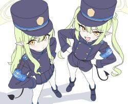 &gt;:( 2girls :d armband black_hat black_tail blue_archive blue_armband child clenched_hands demon_tail earrings fang from_above green_hair green_halo halo hands_on_own_hips hat highres hikari_(blue_archive) jewelry kutsusama light_blush long_hair looking_at_viewer multiple_girls nozomi_(blue_archive) open_mouth pantyhose peaked_cap pointy_ears siblings sisters smile standing tail train_conductor twins twintails v-shaped_eyebrows white_background white_pantyhose