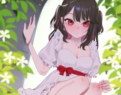 1girl beijuu beni-chan_(beijuu) black_hair bracelet breasts bruise dress earrings expressionless flower grey_hair injury jewelry long_hair looking_at_viewer multicolored_hair necklace original purple_hair red_eyes sitting small_breasts solo tearing_up two_side_up white_dress