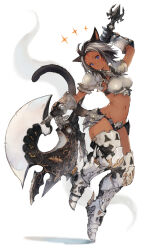1girl animal_ears armor axe battle_axe bikini_armor black_hair blue_eyes cat_ears cat_girl cat_tail commentary_request commission dark-skinned_female dark_skin final_fantasy final_fantasy_xiv greaves highres holding holding_axe kemomin_nosuke miqo&#039;te multicolored_hair navel sabaton skeb_commission sparkle_print tail two-tone_hair warrior_(final_fantasy) warrior_of_light_(ff14) weapon white_background white_hair