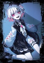 1girl belt beret black_border black_choker black_hat black_shoes border brooch choker commentary_request crying crying_with_eyes_open despair flower full_body hair_ornament hat hat_flower highres jewelry long_sleeves looking_at_viewer mahou_shoujo_no_majo_saiban multicolored_hair neck_ribbon official_art open_mouth pale_skin pink_hair puffy_long_sleeves puffy_sleeves ribbon sailor_collar sakuraba_ema second-party_source shirt shoes short_hair shorts sitting smile solo tears thigh_strap umemaro_(siona0908) wariza white_flower white_hair white_ribbon white_shirt white_shorts x_hair_ornament
