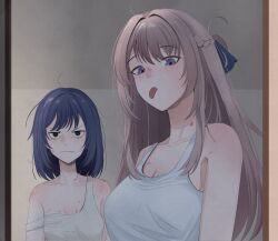 Rule 34 | 2girls, bite mark, bite mark on breast, bite mark on neck, bite mark on shoulder, blue hair, braid, brown hair, closed mouth, commentary, frown, half up braid, hashtag-only commentary, hickey, highres, johndoge 123, long hair, medium hair, miyagi shiori, multiple girls, purple eyes, sendai hazuki, shuuniichido classmate wo kau hanashi, strap slip, tank top, tongue, tongue out, white tank top, yuri