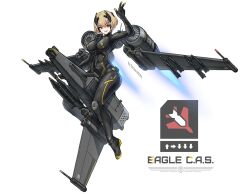 Rule 34 | 1girl, arm up, black bodysuit, blonde hair, bodysuit, breasts, covered navel, full body, headgear, helldivers (series), highres, impossible bodysuit, impossible clothes, large breasts, looking at viewer, mecha musume, mechanical wings, missile, missile pod, open mouth, personification, red eyes, sherman (egnk2525), short hair, simple background, skin tight, smile, solo, thrusters, weapon, white background, wings