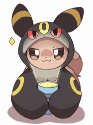 :3 animal_focus brown_eyes character_hood closed_mouth clothed_pokemon cosplay eevee flashlight gen_1_pokemon gen_2_pokemon highres holding holding_flashlight kemosuk nintendo no_humans pokemon pokemon_(creature) pokemon_focus simple_background smile solo umbreon umbreon_(cosplay) white_background