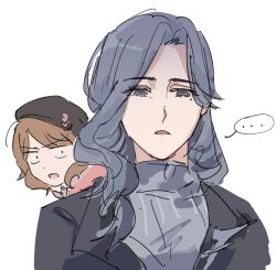 ... 2girls black_hat black_jacket brown_hair commentary english_commentary frown grey_eyes grey_shirt hair_over_shoulder hat highres jacket long_hair love_curse:_find_your_soulmate megan_(love_curse) multiple_girls open_mouth shirt short_hair spoken_ellipsis the_quipper victoria_qi