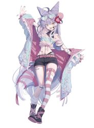 Rule 34 | 1girl, absurdres, asymmetrical legwear, bandaid, bandaid on leg, bare shoulders, belt, black boots, black shorts, boots, coat, cone hair bun, fox girl, fox tail, full body, hair bun, heterochromia, highres, long hair, long sleeves, looking at viewer, mirrorapo yemp, mismatched legwear, navel, off shoulder, open clothes, open coat, open mouth, pink belt, pink shirt, purple hair, shirt, shorts, simple background, smile, socks, solo, stellive, stomach, striped clothes, striped thighhighs, tail, tenko shibuki, thighhighs, uneven legwear, virtual youtuber, white background, white socks
