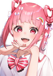 Rule 34 | 1girl, :d, blush, bow, bowtie, braid, collared shirt, commentary request, ear piercing, fingernails, hair bow, heart, heart-shaped hair, jewelry, looking at viewer, nail polish, open mouth, original, piercing, pink bow, pink bowtie, pink eyes, pink hair, pink nails, rainbow hair ornament, ring, shirt, sidelocks, simple background, skoll world, smile, solo, spike piercing, striped bow, striped bowtie, striped clothes, teeth, tongue, twintails, upper teeth only, white background, white bow, white shirt
