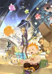 2boys alolan_dugtrio alolan_form alolan_golem arm_up artist_name blonde_hair brown_pants charjabug e_volution gen_7_pokemon glasses highres jacket male_focus minior molayne_(pokemon) multiple_boys night nintendo observatory open_clothes open_jacket open_mouth orange_hair pants pokemon pokemon_(creature) pokemon_sm print_shirt purple_shoes scarf shirt shoes short_hair short_sleeves sophocles_(pokemon) standing telescope togedemaru vikavolt watermark white_shirt yellow_scarf