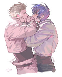2boys 7zhby absurdres artist_name belt black_pants black_shirt blonde_eyebrows blue_hair blush colored_eyelashes couple cropped_jacket eye_contact eyes_visible_through_hair from_side hand_on_another&#039;s_face highres jacket kiss kissing_hand legato_bluesummers long_sleeves looking_at_another loose_pants male_focus millions_knives multiple_boys pale_color pale_skin pants shirt short_hair signature simple_background spiked_hair surprised tacotako trigun trigun_maximum turtleneck twitter_username upper_body white_jacket white_pants