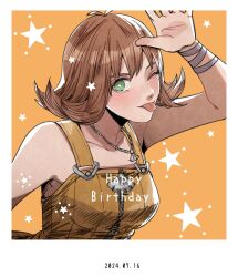 1girl bare_shoulders border breasts brown_hair chain chain_necklace dated final_fantasy final_fantasy_viii green_eyes happy_birthday highres jewelry looking_at_viewer medium_breasts medium_hair necklace nnnmmg0725 one_eye_closed orange_background overalls ribbon selphie_tilmitt solo tongue upper_body waving white_border wrist_ribbon yellow_overalls