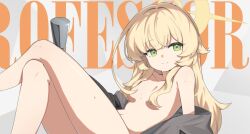 bare_shoulders black_jacket blonde_hair blue_archive breasts cane ciza_gomi collarbone commentary_request crossed_legs green_eyes hair_censor halo highres jacket loli long_hair looking_at_viewer nude open_clothes open_jacket professor_niyaniya_(blue_archive) small_breasts sweat sweatdrop thighs yellow_halo