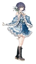 1girl blue_kimono boots character_request closed_mouth floral_print floral_print_kimono flower flower_pot frilled_kimono frilled_sleeves frills full_body grey_boots grey_eyes grey_hair highres holding holding_flower_pot japanese_clothes kimono looking_at_viewer migolu obi print_kimono sash short_hair simple_background smile solo twitter_username white_background white_flower wide_sleeves