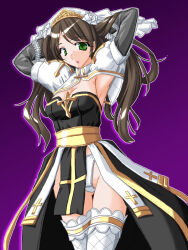 Rule 34 | 1girl, arch bishop (ragnarok online), armpits, arms behind head, arms up, black dress, blush, breasts, bridal veil, brown hair, cleavage, comiket 85, commentary request, dress, expressionless, fishnet thighhighs, fishnets, frilled thighhighs, frills, green eyes, hands in hair, juliet sleeves, long hair, long sleeves, looking at viewer, open mouth, panties, pelvic curtain, puffy sleeves, purple background, ragnarok online, sash, shrug (clothing), solo, strapless, strapless dress, tatsumi ray, thighhighs, underwear, veil, white panties, white thighhighs, yellow sash