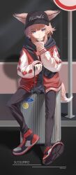 Rule 34 | 1girl, absurdres, animal ears, arknights, black choker, black hat, black pants, black shoes, blue eyes, character name, chinese commentary, choker, commentary request, cup, disposable cup, drink, drinking straw, drinking straw in mouth, ears through headwear, full body, hat, highres, holding, holding drink, jacket, kiseeri, official alternate costume, pants, partial commentary, peaked cap, pink hair, red jacket, red shoes, road sign, rolling suitcase, shoe soles, shoes, short hair, sign, sitting, sleeves past wrists, sneakers, solo, suitcase, sussurro (arknights), sussurro (travel freely) (arknights), tail, white sleeves
