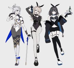3girls animal_ears black_eyes black_hair blonde_hair blue_eyes bottle bow bowtie breasts cleavage cup detached_collar detached_sleeves drinking_glass facial_mark fake_animal_ears fake_tail fate/grand_order fate_(series) fishnets full_body fur-trimmed_jacket fur_trim garter_straps genderswap genderswap_(mtf) gloves grey_background hand_on_cane highres holding holding_bottle holding_tray hyde_(fate) jacket james_moriarty_(ruler)_(fate) jekyll_and_hyde_(fate) leotard long_hair looking_at_viewer medium_breasts medium_hair multiple_girls navel oberon_(fate) oberon_(third_ascension)_(fate) off_shoulder open_mouth pantyhose playboy_bunny rabbit_ears rabbit_tail red_eyes shoes short_hair short_shorts shorts shrug_(clothing) simple_background smile standing standing_on_one_leg sumi_(gfgf_045) tail thighhighs tongue tongue_out tray white_hair wine_bottle wine_glass