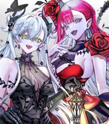 2girls baobhan_sith_(fate) baobhan_sith_(fgo_fes._2025)_(fate) bare_shoulders black_dress breasts diandao_qin dress earrings fangs fate/grand_order fate_(series) flower green_eyes grey_eyes hair_flower hair_ornament highres jewelry lilith_(fate) long_hair looking_at_viewer multiple_girls pink_hair pointy_ears red_dress smile twintails