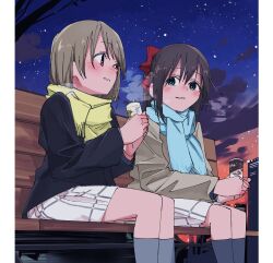 Rule 34 | 2girls, black jacket, blue eyes, blue scarf, blush, border, bow, brown hair, can, drink, drink can, dusk, grey jacket, grey socks, hair between eyes, hair bow, haruruhaharur, holding, holding drink, jacket, long hair, looking at another, love live!, love live! nijigasaki high school idol club, multiple girls, nakasu kasumi, neck ribbon, nijigasaki school uniform, on bench, osaka shizuku, outdoors, plaid clothes, plaid skirt, pleated skirt, red bow, red eyes, ribbon, scarf, school uniform, short hair, sidelocks, sitting, skirt, sky, smile, socks, star (sky), starry sky, white border, winter uniform, yellow scarf