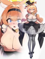 1girl absurdres alternate_breast_size animal_ear_fluff animal_ears black_hairband black_hat black_headband black_overskirt blue_archive blue_eyes blush breasts cat_ears choker cleavage closed_mouth collarbone commentary commission covering_breasts covering_privates dress english_commentary flower fluffy_hair frilled_choker frills full_body grey_dress grey_feathers hairband halo hat headband highres huge_breasts idol idol_clothes long_hair looking_at_viewer mari_(blue_archive) mari_(idol)_(blue_archive) mini_hat mini_top_hat official_alternate_costume open_mouth orange_hair pixiv_commission rose shio05_(05_sio) simple_background skirt_hold smile solo standing top_hat yellow_flower yellow_halo yellow_rose