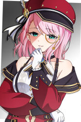 1girl aqua_eyes charlotte_(genshin_impact) collarbone commentary detached_sleeves genshin_impact gloves grey_background hand_on_own_chin hat hat_feather highres looking_at_viewer medium_hair midori_(midori13579) monocle newsboy_cap parted_lips pink_hair red_hat red_sleeves semi-rimless_eyewear shirt sleeveless sleeveless_shirt smile solo suspenders under-rim_eyewear upper_body white_gloves white_shirt