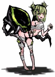 1girl anaertailin animated animated_gif barefoot breasts claws completely_nude darkest_dungeon double_bun fang full_body green_eyes green_hair hair_bun horns insect_girl monster_girl nipples no_bra no_panties nude open_mouth pointy_ears shadow silk small_breasts solo spider_girl spider_web standing white_background
