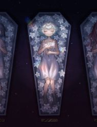 3girls alternate_costume bad_feet bare_shoulders barefoot black_hair closed_mouth coffin commentary_request curly_hair dress closed_eyes flower green_hair halogenfluorite hand_on_own_chest highres knees_together_feet_apart long_hair lying made_in_abyss made_in_abyss_runes multicolored_hair multiple_girls on_back out_of_frame prushka red_hair short_hair short_sleeves smile spaghetti_strap sparkle spotlight streaked_hair sundress twitter_username white_dress white_flower white_hair