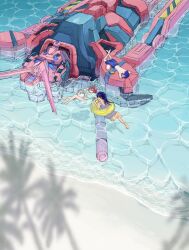 1boy 2girls afloat amate_yuzuriha ball beach beachball bikini blue_hair commentary_request conch_(gundam) day full_body gexpj gundam gundam_gquuuuuux haro highres long_hair lying male_swimwear mecha mobile_suit multiple_girls non-humanoid_robot nyaan_(gundam_gquuuuuux) on_back on_stomach one-piece_swimsuit outdoors purple_hair red_gundam red_hair robot sand science_fiction shadow short_hair shuji_ito sunglasses swim_ring swim_trunks swimsuit v-fin water
