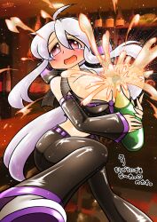 Rule 34 | 1girl, ahoge, alcohol, bare shoulders, belt, black pants, black sleeves, blush, bottle, bow, breasts, bursting breasts, champagne, champagne bottle, cleavage, crop top, detached sleeves, grey shirt, hair bow, headphones, headset, highres, holding, holding bottle, huge breasts, long hair, midriff, necktie, open mouth, pants, ponytail, purple belt, purple necktie, red eyes, shirt, smile, solo, striped bow, sulfer, tearing up, very long hair, vocaloid, white hair, yowane haku