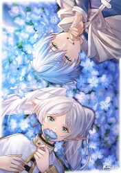 1boy 1girl absurdres blue_flower blue_hair blue_tunic brown_cloak capelet cloak commentary earrings elf english_commentary field flower flower_field frieren from_above green_eyes grin hand_up highres himmel_(sousou_no_frieren) holding holding_flower jewelry long_hair long_sleeves looking_at_viewer lying nisejouu on_back pointy_ears portrait short_hair signature smile sousou_no_frieren teardrop_earrings tunic twintails white_capelet white_hair