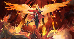 1girl absurdres arm_up bird black_dress dress feathers fireball hair_over_one_eye hat highres holding holding_staff light_smile long_hair luvata_(sword_of_convallaria) mage_staff official_art official_wallpaper parted_lips red_eyes red_hair solo staff sword_of_convallaria witch_hat