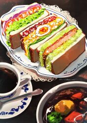 artist_name bowl bread coffee commentary_request cup cutlet dated drink food food_focus hardboiled_egg lettuce meat no_humans original plate sandwich saucer shredded_cabbage shunkashuntou stew teacup