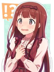 !? 1girl @_@ blush border bow brown_eyes brown_hair commentary_request embarrassed hair_bow hairband highres houraijin idolmaster idolmaster_million_live! idolmaster_million_live!_theater_days long_hair long_sleeves open_mouth outline outside_border own_hands_together plaid_bow plaid_hairband private_dress_(idolmaster_million_live!) solo sweat tanaka_kotoha upper_body wavy_mouth white_border white_outline