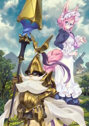 1boy 1girl age_difference animal_ears apron armor armored_boots ascot beard black_eyes blue_eyes blue_skirt boots braided_tail breastplate breasts cape closed_mouth cloud cloudy_sky don_quixote_(fate) facial_hair fate/grand_order fate_(series) faulds feet_out_of_frame frilled_apron frilled_hairband frilled_skirt frilled_sleeves frills full_beard game_cg gauntlets glasses gold_armor gold_boots gold_helmet grey_skirt hair_bun hairband hand_on_own_hip hand_up hands_up height_difference high_heels holding holding_polearm holding_weapon horse_ears horse_girl horse_tail lance long_beard long_mustache long_sleeves looking_at_viewer mountainous_horizon murayama_ryota mustache official_art old old_man parted_bangs pauldrons pink_ascot pink_hair pink_tail plume polearm purple_shoes purple_shrug sancho_(fate) shaded_face shield shield_on_back shirt shoes short_hair shoulder_armor sidelocks single_hair_bun skirt sky small_breasts smile standing stiletto_heels tail third-party_source twisted_torso variant_set weapon white_apron white_cape white_facial_hair white_hairband white_shirt windmill