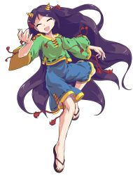 1girl alphes_(style) blue_shorts commentary_request cone_horns dairi flip-flops full_body green_shirt hand_up horn_ornament horn_ribbon horns large_variant_set long_hair long_sleeves nippaku_zanmu parody purple_hair ribbon sandals shirt shorts solo standing style_parody tachi-e touhou transparent_background variant_set wide_sleeves yellow_horns