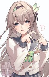 1girl black_hairband blue_pupils bow bowtie commentary_request firefly_(honkai:_star_rail) firefly_(spring_missive)_(honkai:_star_rail) green_bow green_bowtie grey_background grey_hair grey_sailor_collar grey_skirt hairband heart heart_hands highres honkai:_star_rail honkai_(series) long_hair long_sleeves looking_at_viewer official_alternate_costume open_mouth plaid_bow plaid_bowtie plaid_clothes purple_eyes reia_hana sailor_collar school_uniform shirt simple_background skirt solo twitter_username upper_body watermark white_shirt