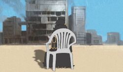 1girl binah_(project_moon) black_cape black_hair bngb_love cape cup devil_may_cry_(series) devil_may_cry_5 highres holding holding_cup limbus_company lobotomy_corporation meme monobloc_(chair) project_moon short_hair sitting solo teacup vergil&#039;s_chair_(meme)