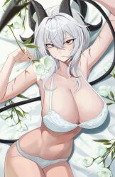 Rule 34 | 1girl, absurdres, arm up, bare shoulders, bed, black horns, black tail, bra, breasts, collarbone, commentary, curled horns, demon tail, flower, from above, grey hair, hair between eyes, hand up, highres, holding, holding flower, horns, large breasts, long hair, looking at viewer, lying, mole, mole on breast, multicolored hair, navel, on back, on bed, panties, parted lips, red eyes, scar, solo, sp123, stomach, streaked hair, symbol-only commentary, tail, thighs, underwear, white bra, white flower, white panties, wuthering waves, zani (wuthering waves)