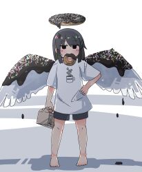 1girl absurdres angel barefoot black_eyes black_hair black_shorts blush box breasts cardboard_box chocolate_icing clothes_writing coffee commentary donut donut_halo drink dripping feathered_wings food food_in_mouth full_body grey_background hand_on_own_hip highres holding holding_drink icing jitome kani_aji looking_at_viewer medium_hair messy mouth_hold original print_shirt romaji_text shadow shirt short_sleeves shorts small_breasts solo sprinkles standing sweatdrop t-shirt white_background white_shirt white_wings wings