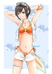 Rule 34 | 1girl, arms behind head, arms up, bikini, black hair, brown eyes, commentary, cowboy shot, daisysan, dolphin, elbow pads, final fantasy, final fantasy vii, final fantasy vii ever crisis, goggles, goggles on head, grin, highleg, highleg bikini, highres, hood, hoodie, jewelry, looking at viewer, navel, necklace, o-ring, o-ring bikini, official alternate costume, open clothes, open hoodie, orange bikini, short hair, shorts, side-tie bikini bottom, single elbow pad, sleeveless, sleeveless hoodie, smile, solo, stomach, swimsuit, thigh strap, twitter username, white hoodie, white shorts, yuffie kisaragi, yuffie kisaragi (summer moogle)