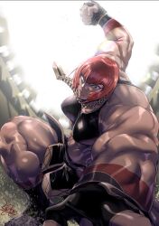 1girl abs biceps breasts chain chain_necklace colosseum crop_top fingerless_gloves gloves gold_chain incoming_attack incoming_punch jewelry looking_at_viewer marisa_(street_fighter) muscular muscular_female necklace punching red_hair short_hair shorts shorts_under_skirt skirt solo street_fighter street_fighter_6 v-bangs zunta